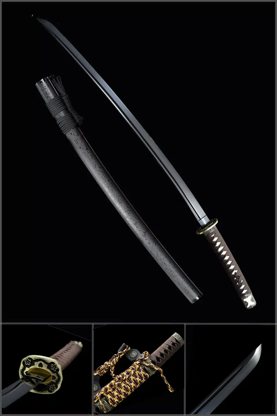 Handmade Japanese Tachi Sword Carbon Steel Black Blade Clay Tempered With Bo Hi Black