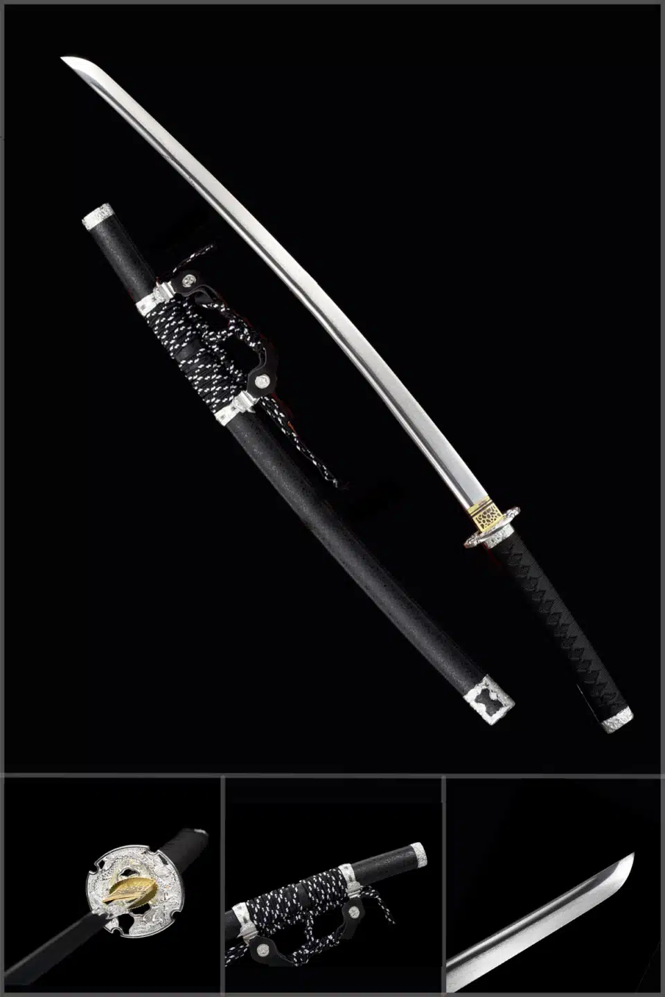 Handmade Japanese Tachi Sword Pattern Steel Blade Full Tang With Bo Hi Black Scabbard