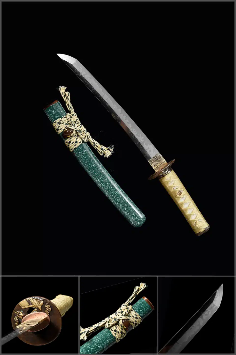 Handmade Japanese Tanto Sword T Steel Clay Tempered With Hamon Blade Green Saya