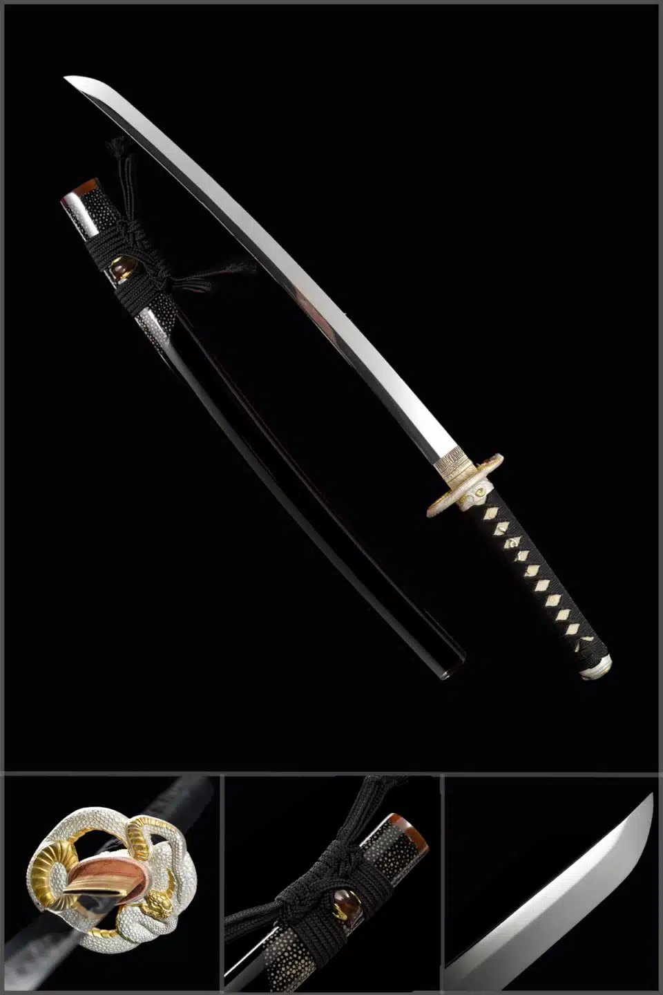 Handmade Japanese Wakizashi Sword High Manganese Steel Blade Hand Polishfull Tang Black Scabbard