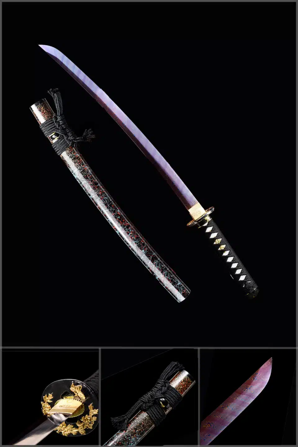 Handmade Japanese Wakizashi Sword Pattern Steel Purple Blade Full Tang With Multi Colored Scabbard