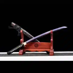 Handmade Japanese Wakizashi Sword Pattern Steel Purple Blade Full Tang With Multi Colored Scabbard